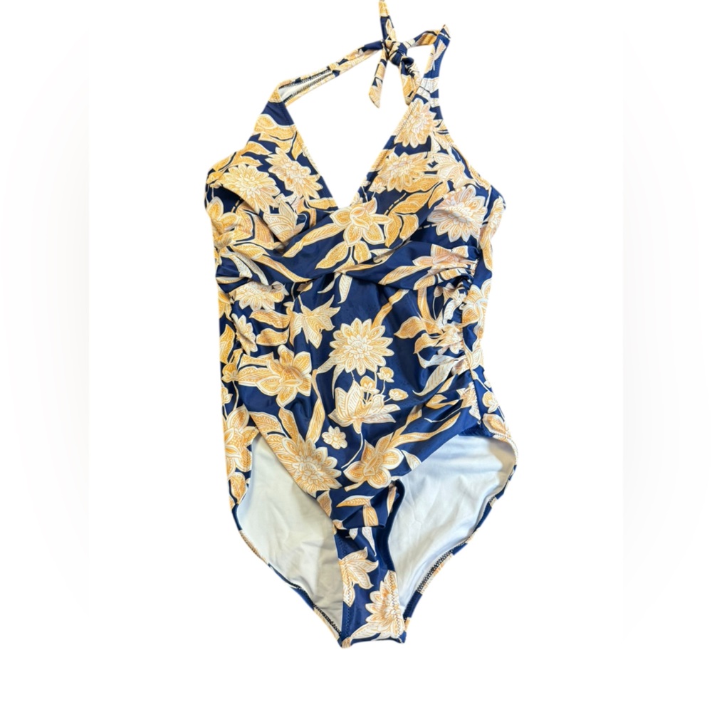 Navy & Yellow Floral Halter One-Piece Swimsuit